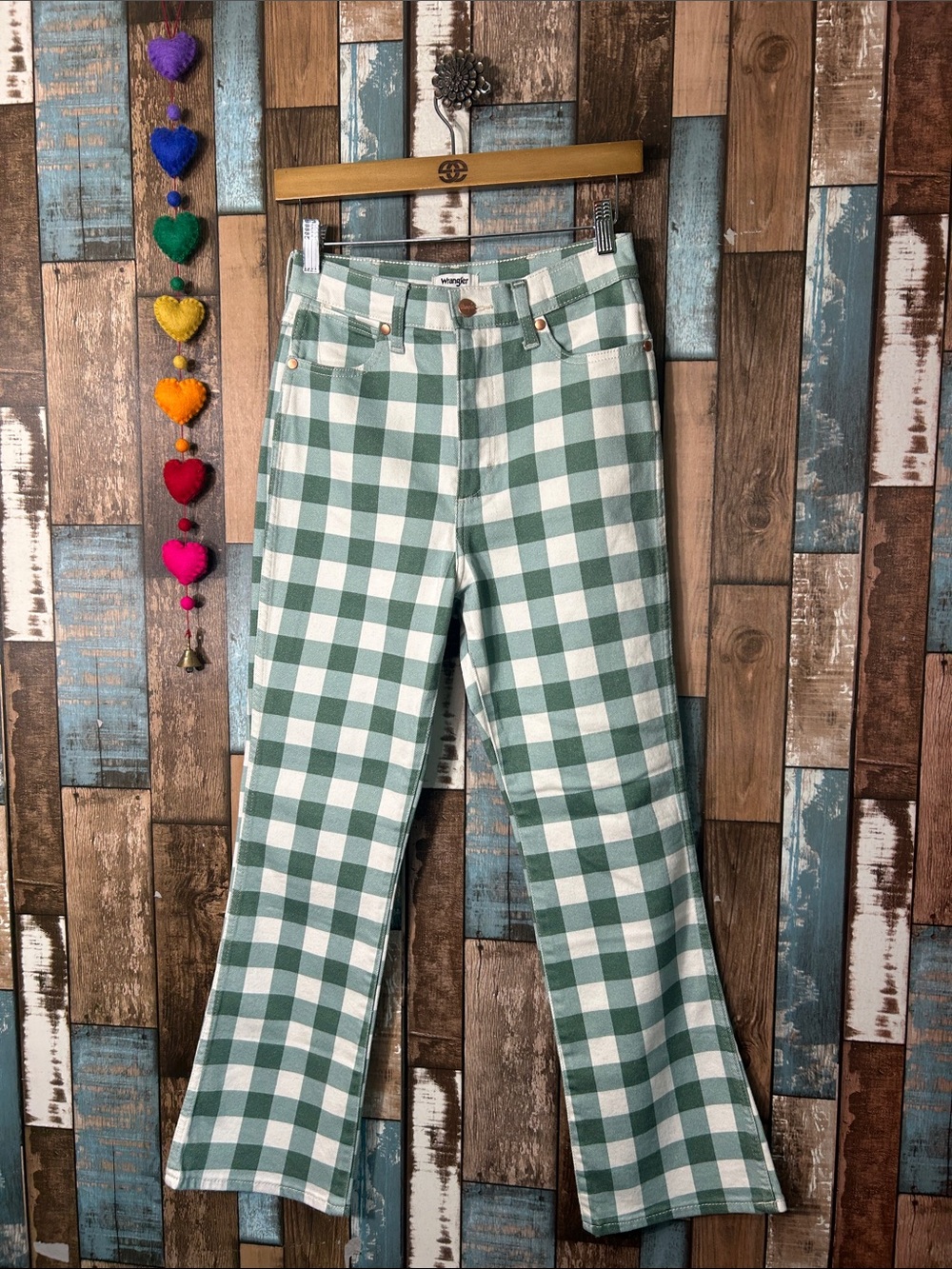 Wrangler Green and White Gingham Wide-Leg Jeans